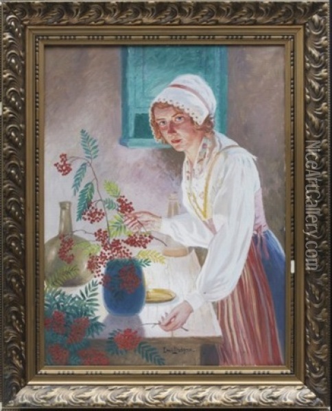 Kvinna I Landskapsdrakt Oil Painting - Emil (Harald Emanuel) Lindgren