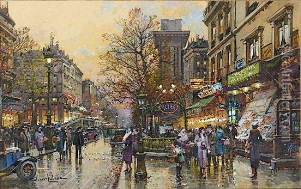 Les Boulevards Et La Porte Saint Martin Oil Painting - Eugene Galien-Laloue