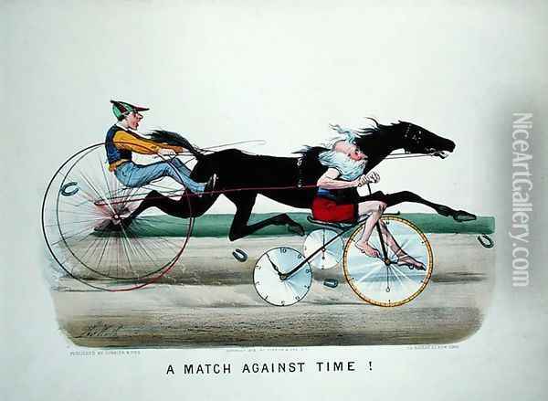 A Match Against Time, race between a horse and father Time on a bicycle, 1878 Oil Painting - Thomas Worth