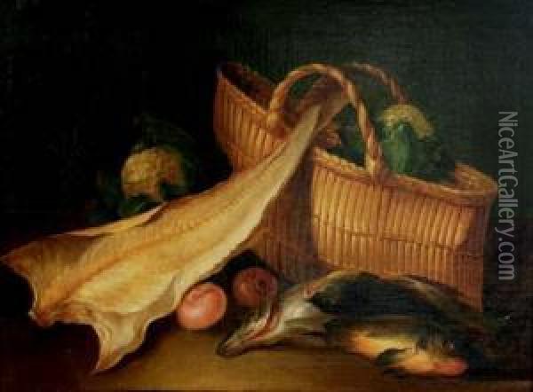 Fish, Onions And Cauliflower In A Basket On A Tabletop Oil Painting - Nicolas Henry Jeaurat De Bertry