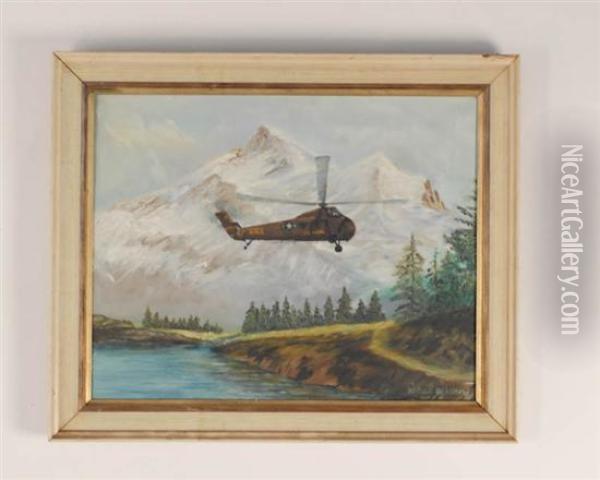 Army Helicopter In A Mountain Landscape Oil Painting - Harold Chalton Bradshaw