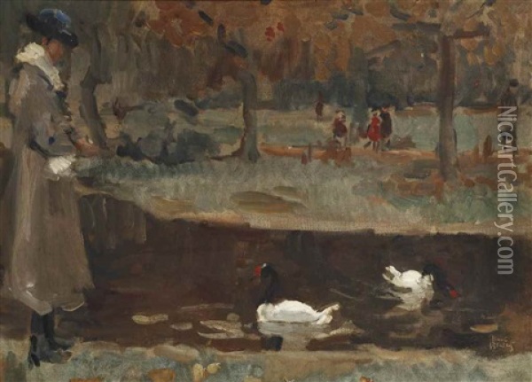 Feeding The Swans In The Zoo, The Hague Oil Painting - Isaac Israels