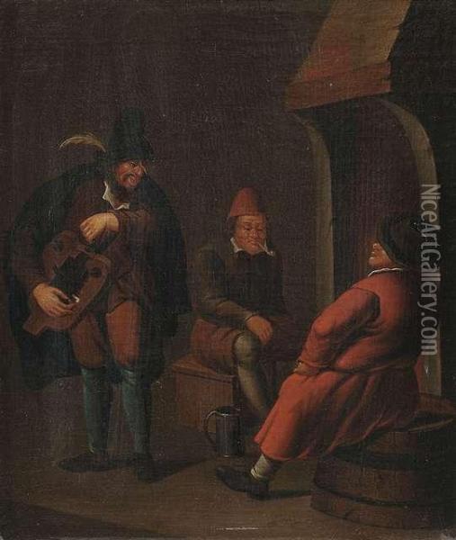 Two Menat A Fireplace With A Musician Playing Hurdy-gurdy. Oil Painting - Pieter Caspar Christ