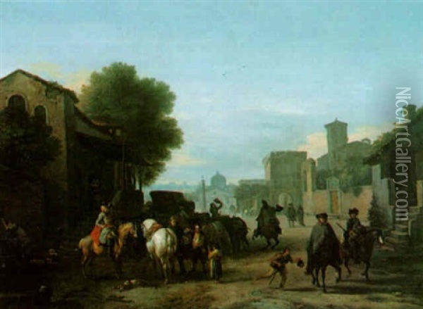Italianate Landscape With Travellers In A Square Oil Painting - Jan van Huchtenburg