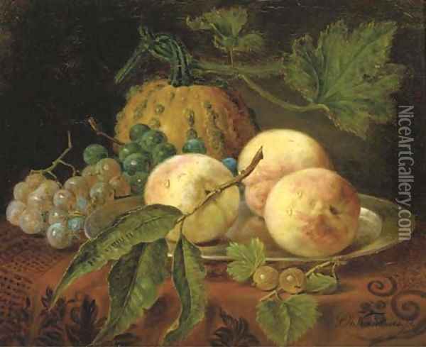 Peaches, grapes and a pumpkin on a table Oil Painting - Sebastiaan Theodorus Voorn Boers