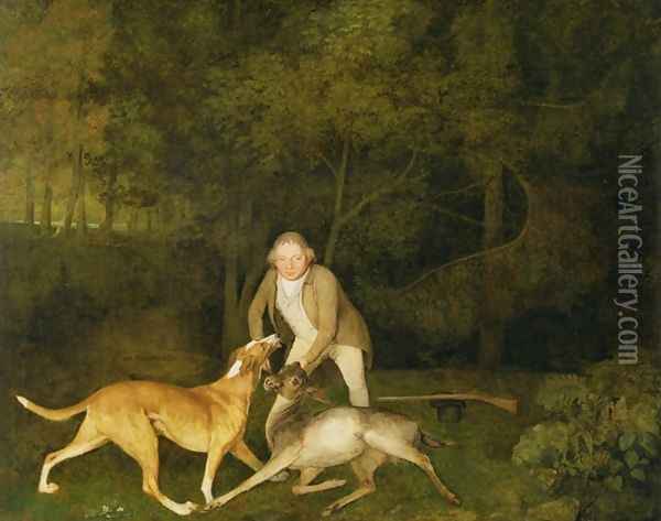 Freeman, the Earl of Clarendons Gamekeeper, With a Dying Doe and Hound, 1800 Oil Painting - George Stubbs