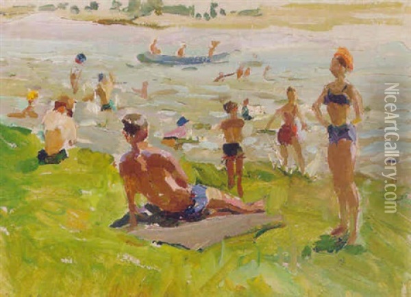 Figures On A Beach Oil Painting - Giuseppe Pennasilico