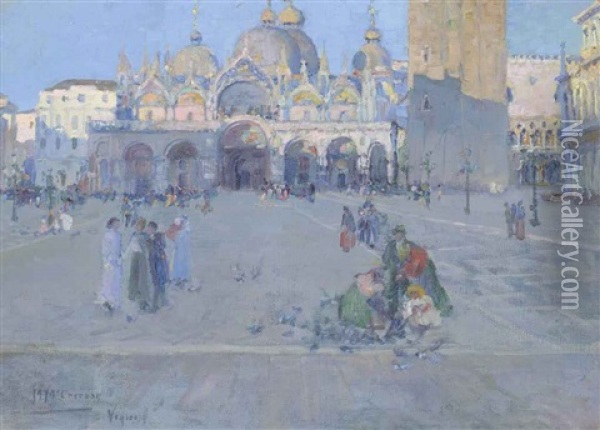 Feeding The Birds In The Piazza San Marco, Venice Oil Painting - Mary Mccrossan