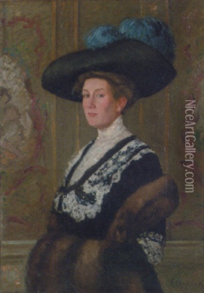 Portrait Of A Lady In A Black Dress With Lace Trim And A Black Hat Oil Painting - Ernst Oppler
