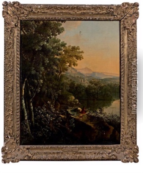 Dessinateur Dans Un Paysage Lacustre Oil Painting - Frederick De Moucheron