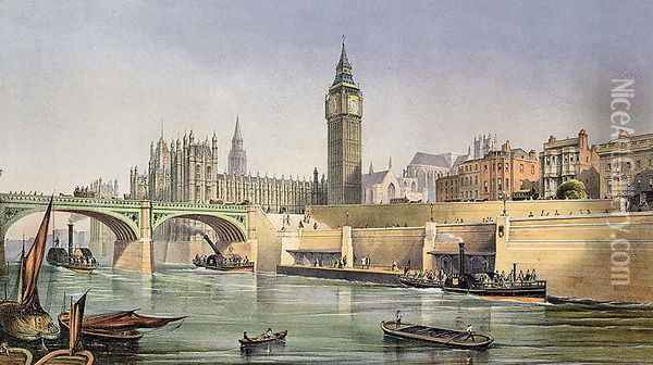 Thames Embankment showing the Steam Boat Landing Pier at Westminster Bridge, engraved by Day and Son, 1864 Oil Painting - Thomas, Robert Kent