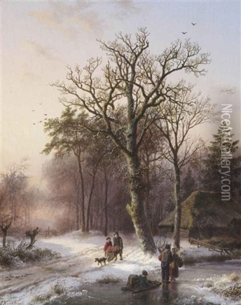A Winter Landscape With Figures On A Path And Figures With A Sleigh On The Ice Oil Painting - Barend Cornelis Koekkoek