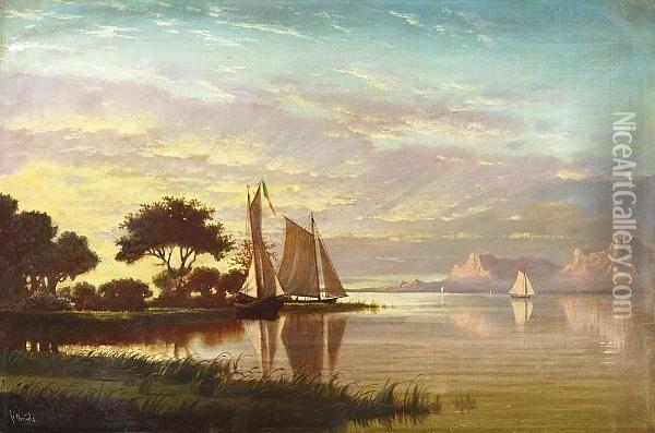 Luminous Sunset With Sailboats Oil Painting - Fortunato Arriola