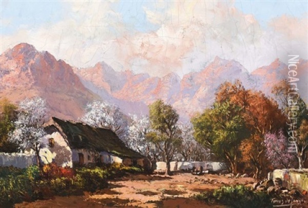 Cottage With Orchard In Blossom Oil Painting - Tinus de Jongh