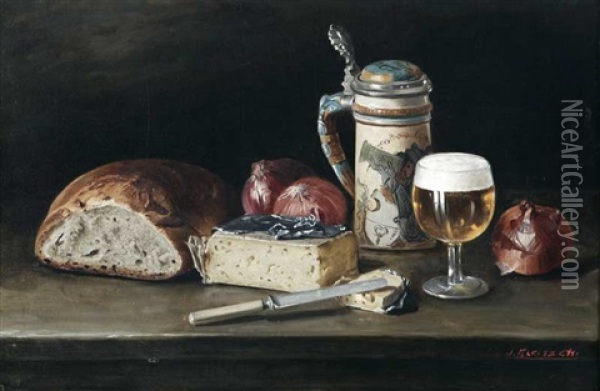 Still Life - Bread, Beer Stein, Cheese And Vegetables Oil Painting - Joseph Kleitsch