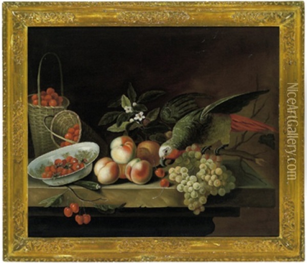 Stilleben Von Fruchten, Erdbeeren In Einer Porzellanschale Und Einem Papagei Oil Painting - Jakob Bogdani