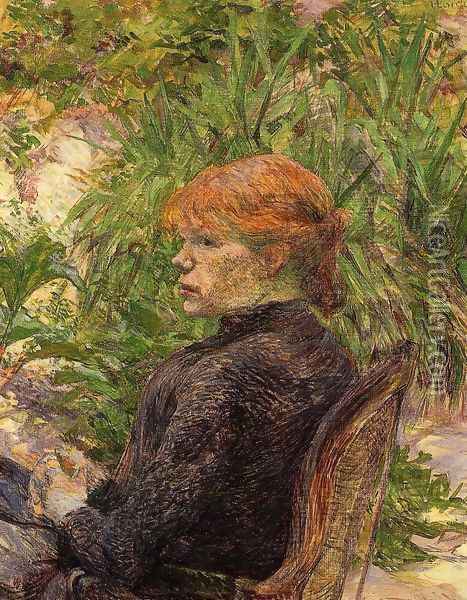 Red Haired Woman Seated in the Garden of M. Forest Oil Painting - Henri De Toulouse-Lautrec