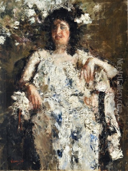 Vestaglia Bianca Con Fiori Azzurri Oil Painting - Antonio Mancini