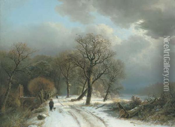 A Figure Walking A Dog On A Path In A Winter Landscape Oil Painting - Barend Cornelis Koekkoek
