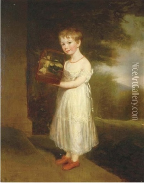 Portrait Of A Young Girl In A White Dress, Holding A Birdcage, In A Landscape Oil Painting - Sir William Beechey