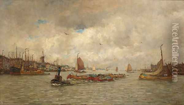 Shipping in the harbour, Rotterdam Oil Painting - Kees Van Waning