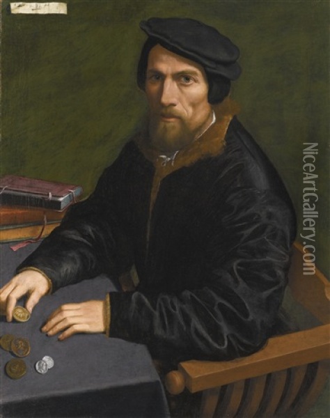 Portrait Of A Gentleman, Possibly A Member Of The Magio Family, Dressed In A Black, Fur-lined Coat And Seated At A Desk With Gold And Silver Coins And A Pile Of Books Oil Painting - Giulio Campi
