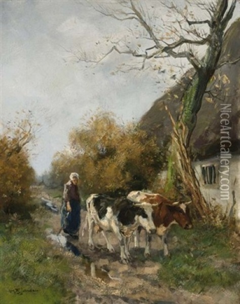 A Peasant Woman With Her Cattle Near A Farm Oil Painting - Willem George Frederik Jansen