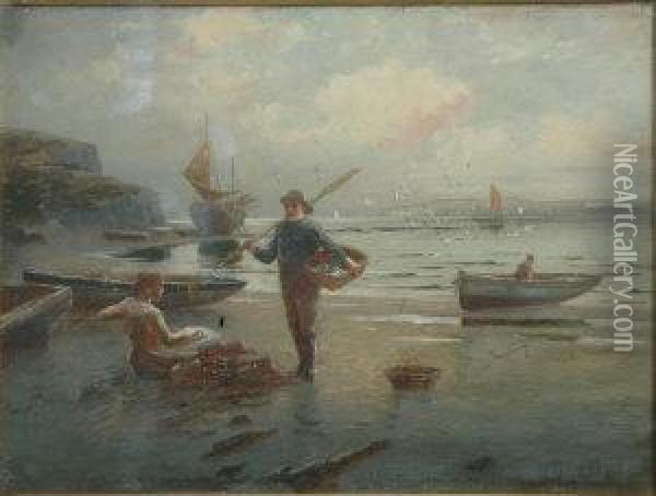 Mending The Nets Oil Painting - W.A. Richards