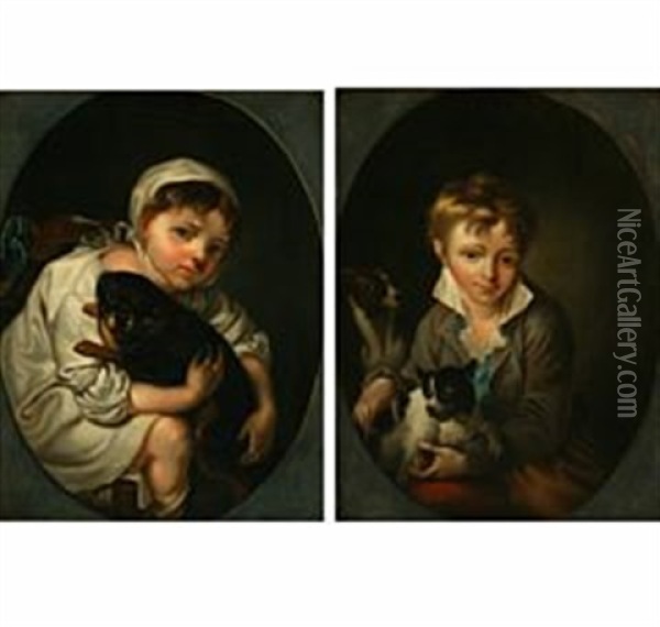Portrait Of A Girl With Dog (+ Portrait Of A Boy With Dog; Pair) Oil Painting - Hans Hansen