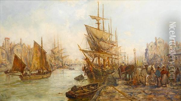 Douglas, Isle Of Man - The Busy Quayside Oil Painting - William Edward Webb