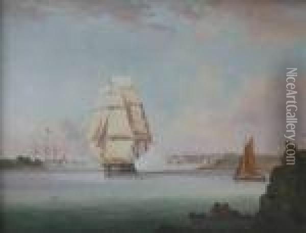 Attributed To Thomas Lyde Hornbrook 'views Of Plymouth' - Shipping Off The Coast M Oil Painting - Thomas L. Hornbrook