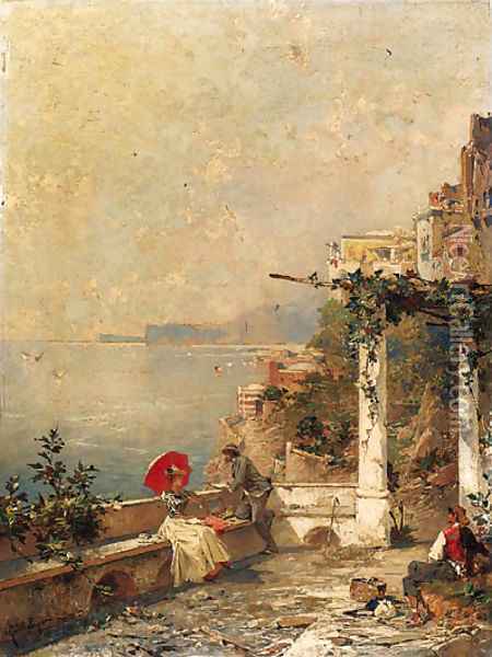 An Artist sketching on a Balcony, with Amalfi beyond Oil Painting - Franz Richard Unterberger