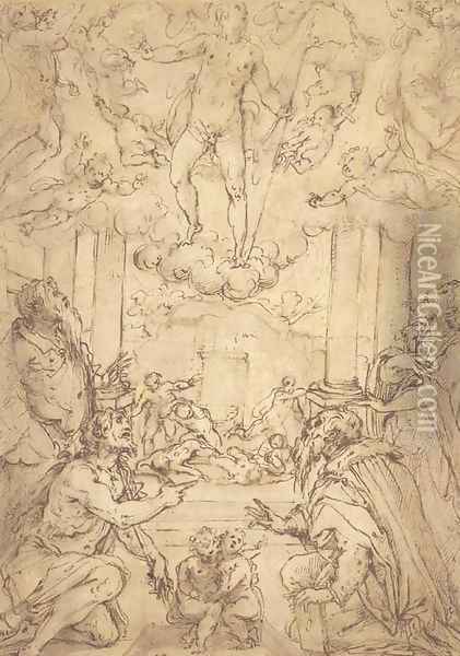 The Resurrection with Saints Andrew, John the Baptist, Cosmas and Damian Oil Painting - Giorgio Vasari