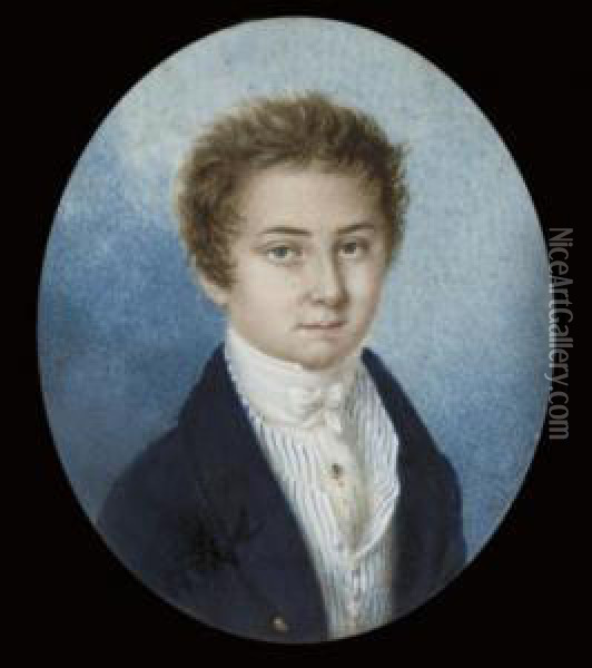 A Young Boy, In Open Blue Coat, Blue Striped White Waistcoat, A Gold Stickpin In His Pleated Shirt, Tied White Cravat Oil Painting - Robert Theer