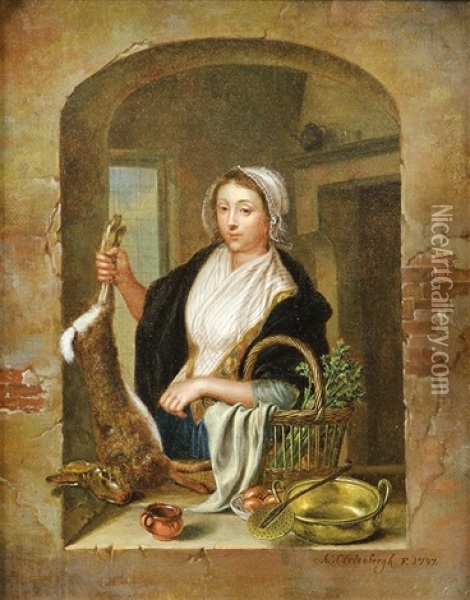 Figure In Window With Basket And Rabbit Oil Painting - Antoine Clevenbergh