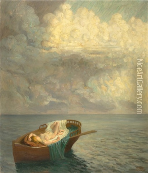 Dreaming Figure In A Boat, Under A Stormy Sky Oil Painting - Robert Knoebel