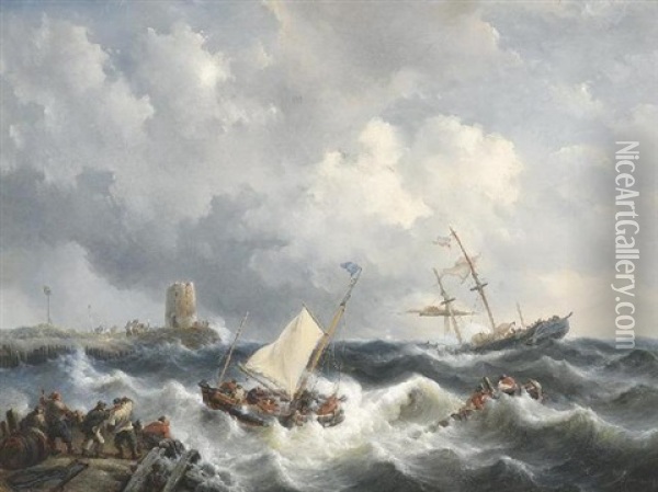 Schiffbruch Auf Sturmischer See Vor Der Kuste. Am Ufer Zahlreiche Personen Oil Painting - George Willem Opdenhoff