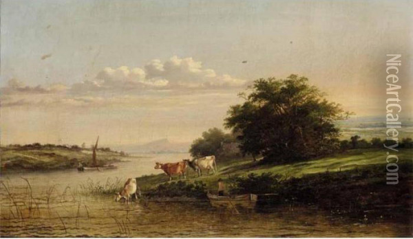 River Landscape With Cattle Watering Oil Painting - Henry John Boddington