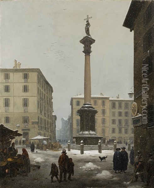 La Colonna Di S.martiniano Al Verziere Con Effetto Di Neve Oil Painting - Angelo Inganni