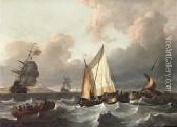 A Smalschip And Other Boats In A Swell Oil Painting - Wigerius Vitringa