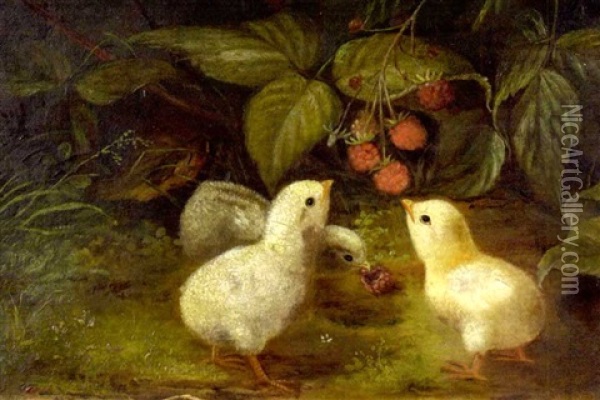 Three Chicks Eating Wild Raspberries Oil Painting - N. E. Morse