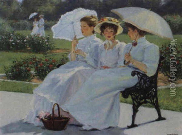 Three Women In A Garden Oil Painting - George F. Harris