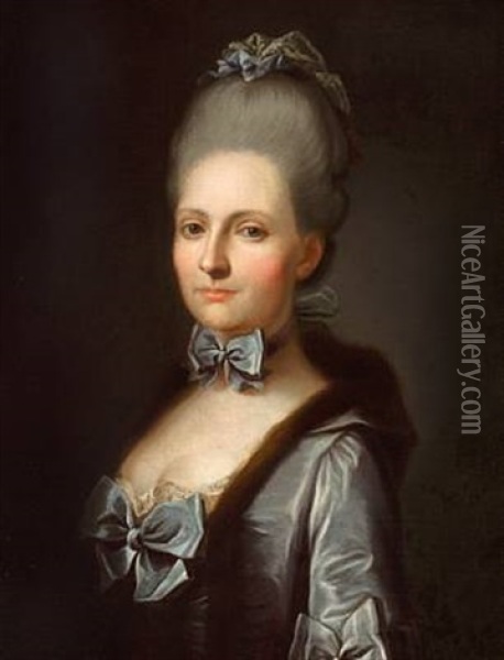A Portrait Of An Elegant Lady In A Greyblue Dress And With Her Hair Taken Up Oil Painting - Jens Juel