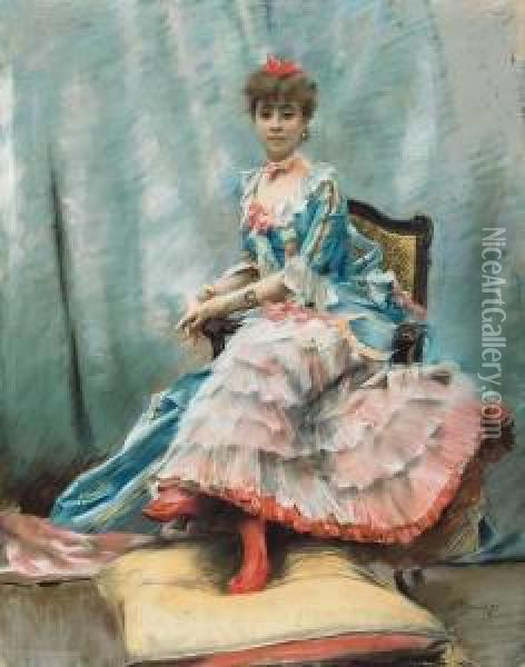 ''lady In Pink And Blue'' (portrait Of Laura Hayman) Oil Painting - J. Stewart