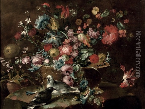 Flowers Including Roses And Tulips In A Basket, With A Pair Of Pigeons Nearby Oil Painting -  Pseudo Guardi