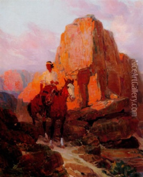 Indian On Horseback In Southwestern Landscape Oil Painting - Frank Tenney Johnson