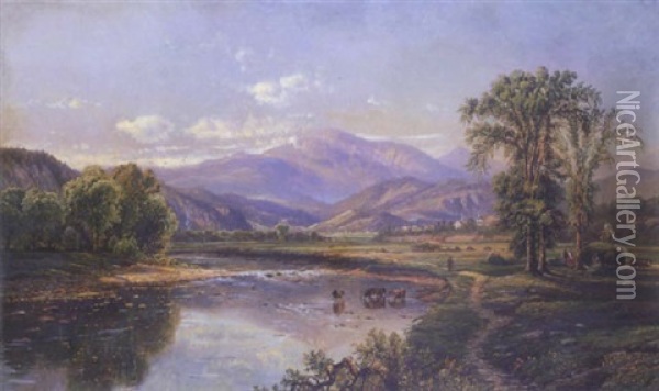 Gathering Hay In An Extensive Landscape, Cattle Watering In A River In The Foreground Oil Painting - Edmund Darch Lewis