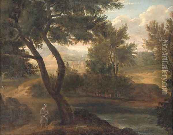 A river landscape with a figure in the foreground, a fortified town beyond Oil Painting - Gaspard Dughet Poussin