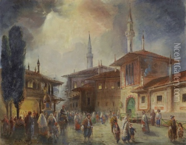 Piazza Oil Painting - Carlo Bossoli