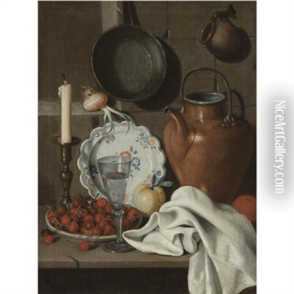 A Still Life With A Candle, Cherries In A Stoneware Bowl, A Wine Glass, A Porcelain Plate, An Apple, An Orange, A Copper Kettle And A White Table Cloth All On A Stone Ledge, Together With A Sprouting Oil Painting - Carlo Magini